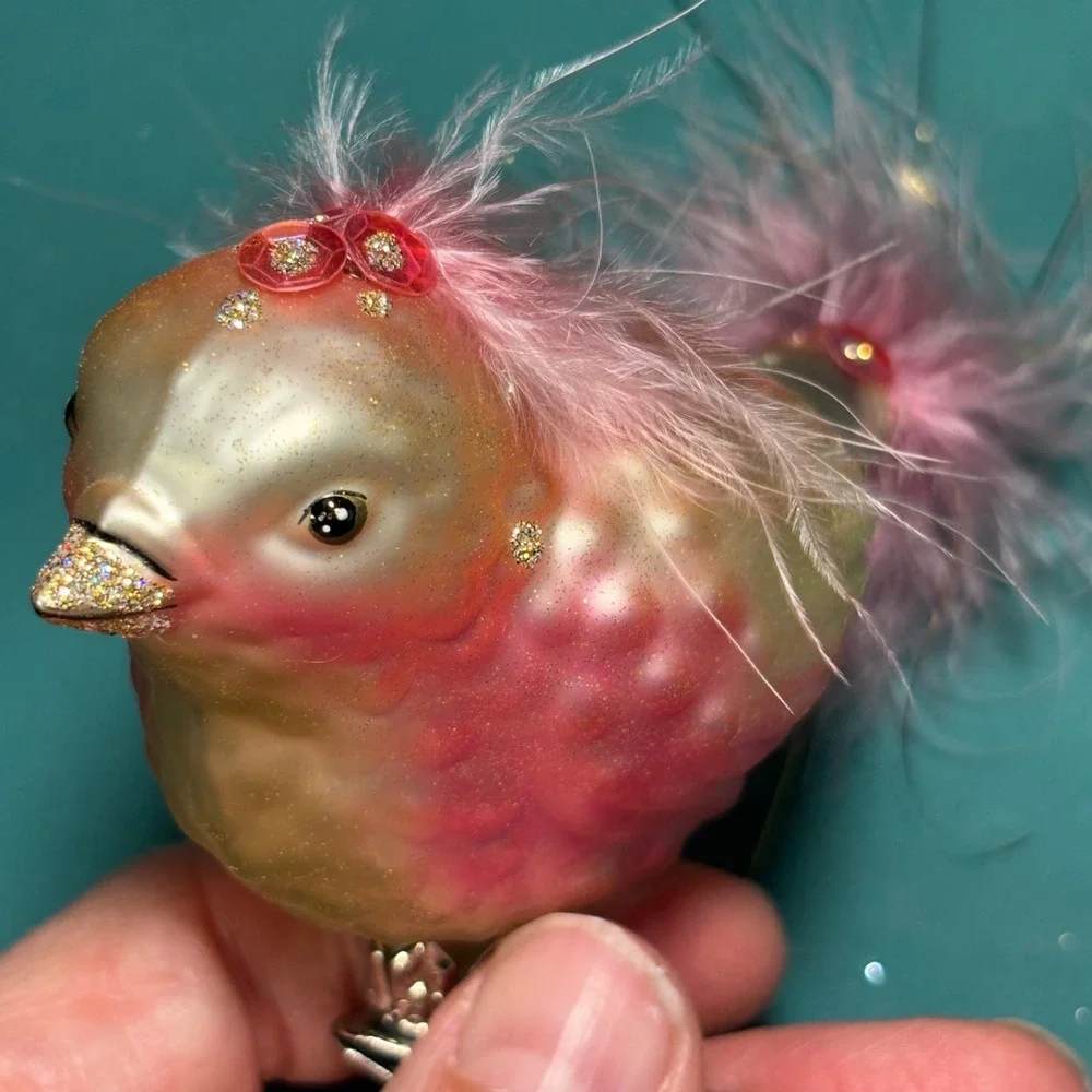 VTG Blown Glass Bird Ornament Pink Gold Feather Clip On Vintage Style 6 Inch